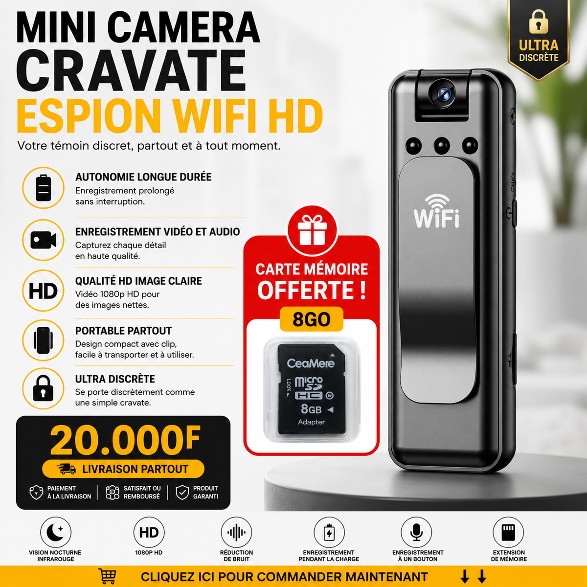Mini caméra cravate espion WIFI 📸