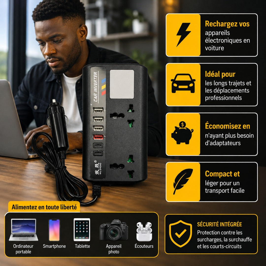 Affiche — Convertisseur Auto 12V/24V vers 220V - Chargez vos appareils en toute liberté