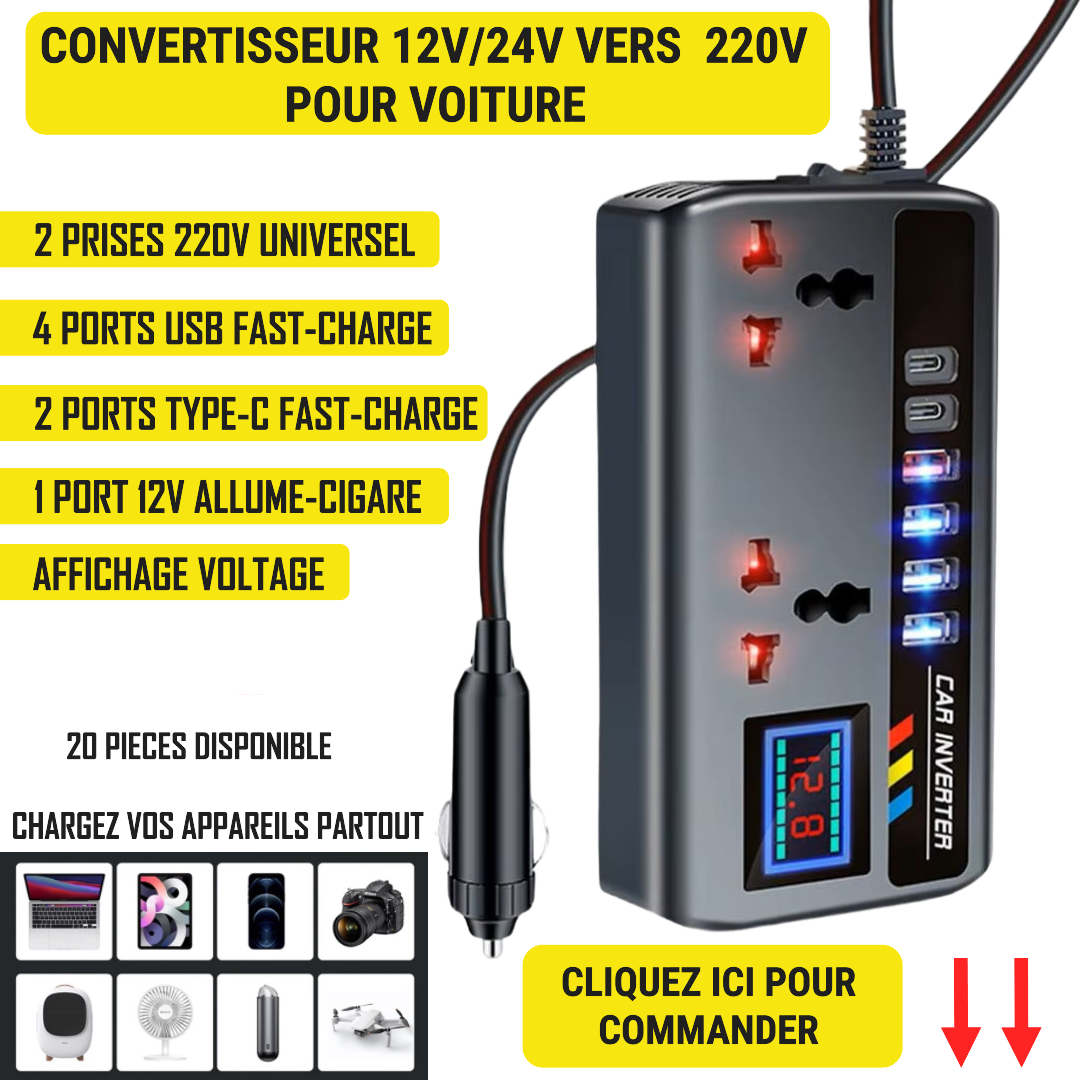Convertisseur Auto 12V/24V vers 220V - Chargez vos appareils en toute liberté